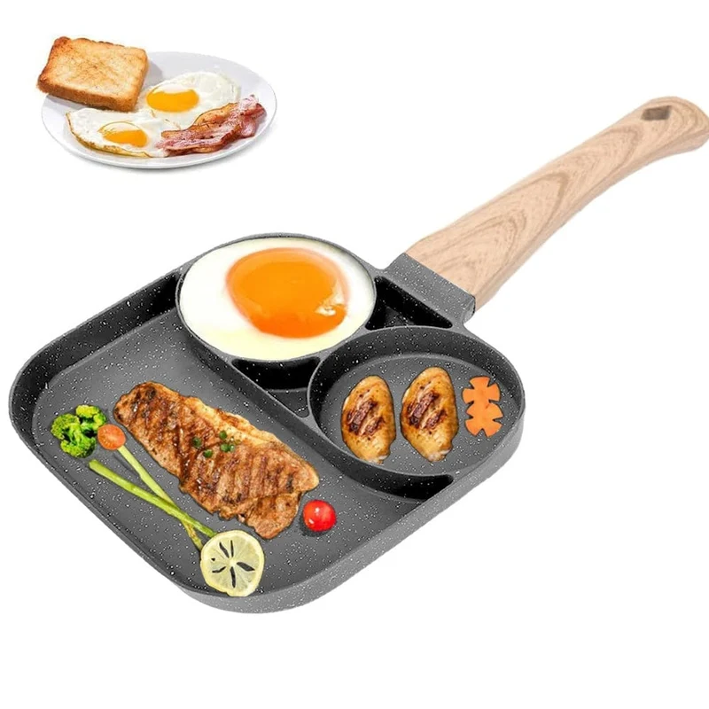 1 Stück Eier- und Hamburger-Bratpfanne, Bratpfanne für Eier, antihaftbeschichtet, Schinken-Pfannkuchen-Maker, Eier-Burger-Pfanne mit Holzgriff, 4 Löcher, für Induktionsherd, Gasherd
