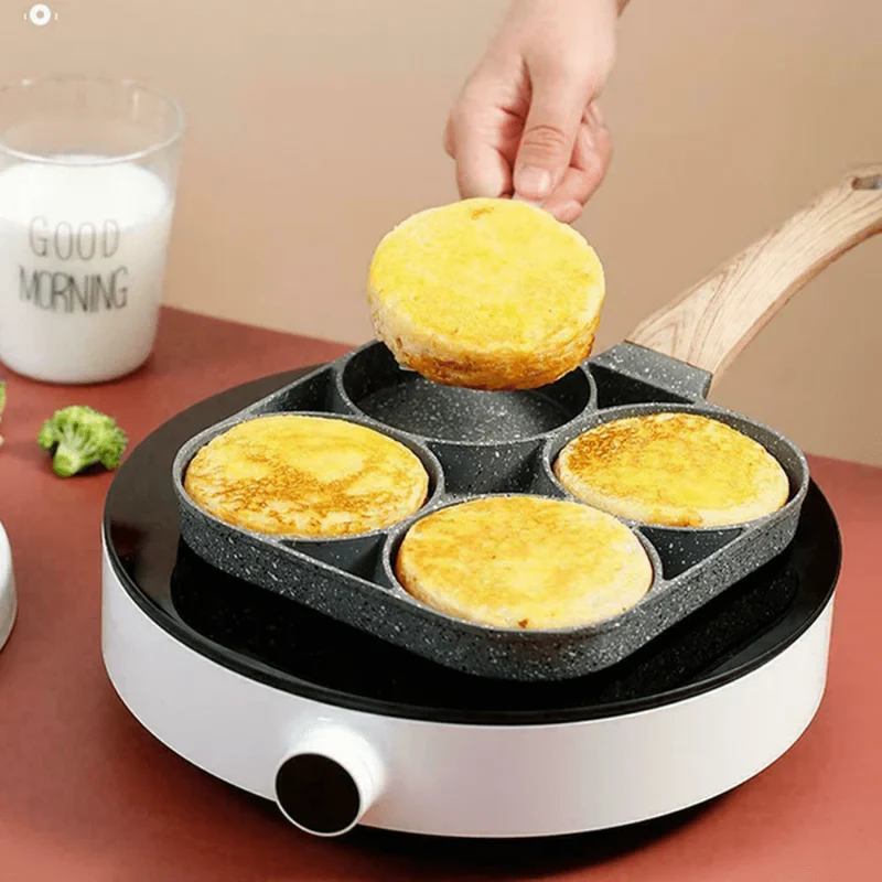 1 Stück Eier- und Hamburger-Bratpfanne, Bratpfanne für Eier, antihaftbeschichtet, Schinken-Pfannkuchen-Maker, Eier-Burger-Pfanne mit Holzgriff, 4 Löcher, für Induktionsherd, Gasherd