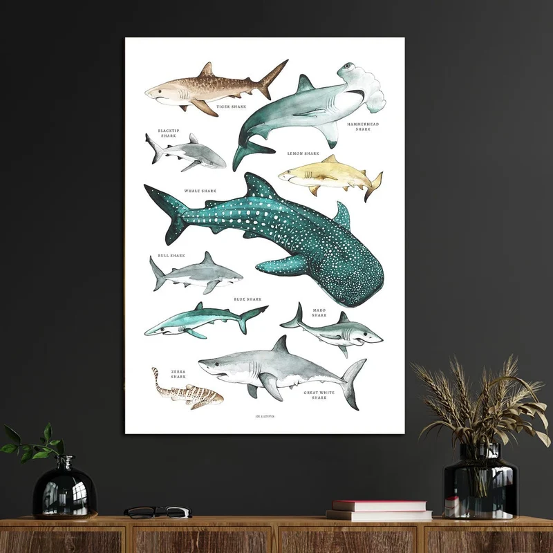 1 Stück verschiedene Hai-Leinwand-Kunst, Hai-Drucke auf Leinwand, Hai-Arten-Wandkunst-Poster, Wanddekoration für Kinderzimmer, Badezimmer, Schlafzimmer, Büro, Wohnzimmer, Heim-Wanddekoration