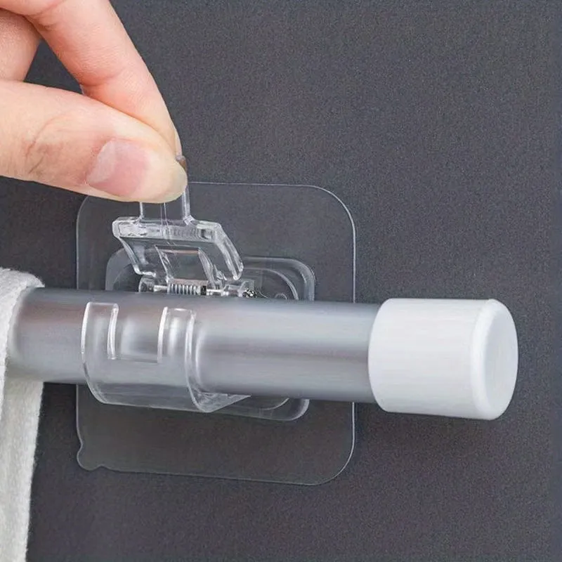 2 Stück Gardinenstangenhaken, Gardinenstangen-Clip-Fixierer, stanzfrei, aufklebbare Stangenhalterung, Clip, horizontale Stangentür, klebriger Haken, Kunststoffstangenhalter