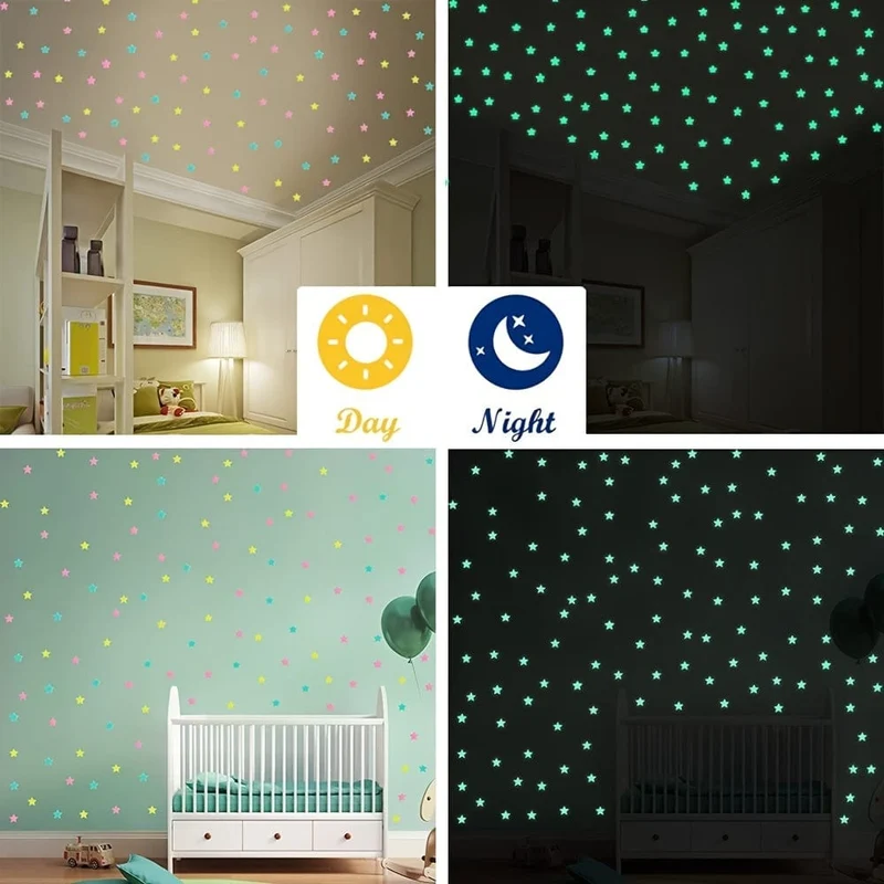 100 Stück glänzend glitzernde, leuchtende Stern-Wandaufkleber für Schlafzimmer, Wohnzimmer und Kinder – selbstklebende Raumdekoration für Teenager-Mädchen