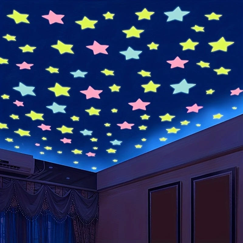 100 Stück glänzend glitzernde, leuchtende Stern-Wandaufkleber für Schlafzimmer, Wohnzimmer und Kinder – selbstklebende Raumdekoration für Teenager-Mädchen
