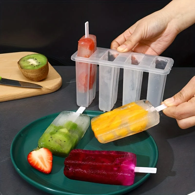1 Stück, Eisform für am Stiel, 4 Mulden, Eisform für zu Hause, DIY, selbstgemachte Eisform für am Stiel, kreative Eisform für Kinder, Eisbox für am Stiel, Küchenhelfer für den Sommer, Küchenutensilien, Küchenzubehör, Küchenartikel für zu Hause