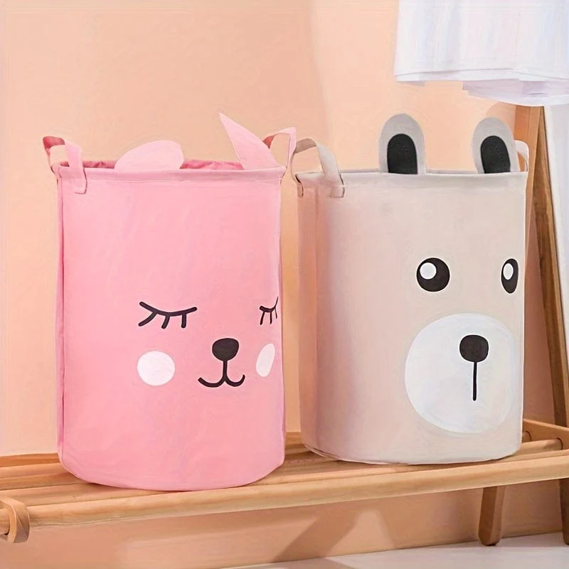1 Wäschekorb mit Cartoon-Muster und Griff, Aufbewahrungseimer aus Leinenstoff in Ohrenform zum Ordnen und Aufbewahren von Kleidung und Kinderspielzeug, Wäschekorb für Badezimmer, Schlafzimmer, Wohnzimmer, Waschküche