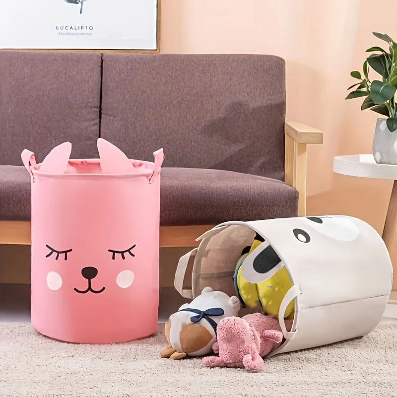 1 Wäschekorb mit Cartoon-Muster und Griff, Aufbewahrungseimer aus Leinenstoff in Ohrenform zum Ordnen und Aufbewahren von Kleidung und Kinderspielzeug, Wäschekorb für Badezimmer, Schlafzimmer, Wohnzimmer, Waschküche