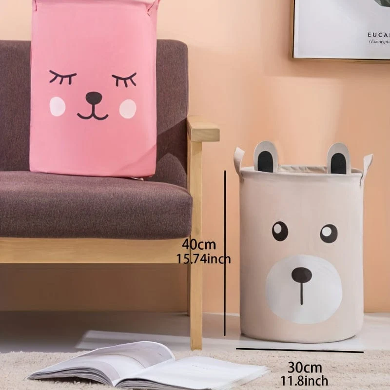 1 Wäschekorb mit Cartoon-Muster und Griff, Aufbewahrungseimer aus Leinenstoff in Ohrenform zum Ordnen und Aufbewahren von Kleidung und Kinderspielzeug, Wäschekorb für Badezimmer, Schlafzimmer, Wohnzimmer, Waschküche