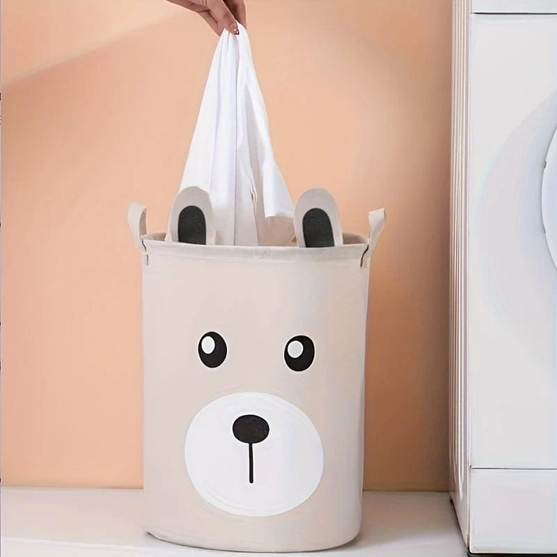 1 Wäschekorb mit Cartoon-Muster und Griff, Aufbewahrungseimer aus Leinenstoff in Ohrenform zum Ordnen und Aufbewahren von Kleidung und Kinderspielzeug, Wäschekorb für Badezimmer, Schlafzimmer, Wohnzimmer, Waschküche
