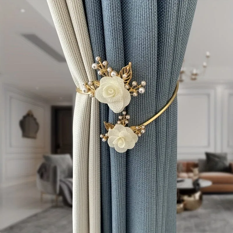1 Stück eleganter Metall-Vorhanghalter aus Kunstperlen mit dreidimensionalem Blumendesign – perfekt für Schlafzimmer, Büro, Küche, Wohnzimmer und Arbeitszimmer – verleiht Ihrer Inneneinrichtung einen Hauch von Luxus