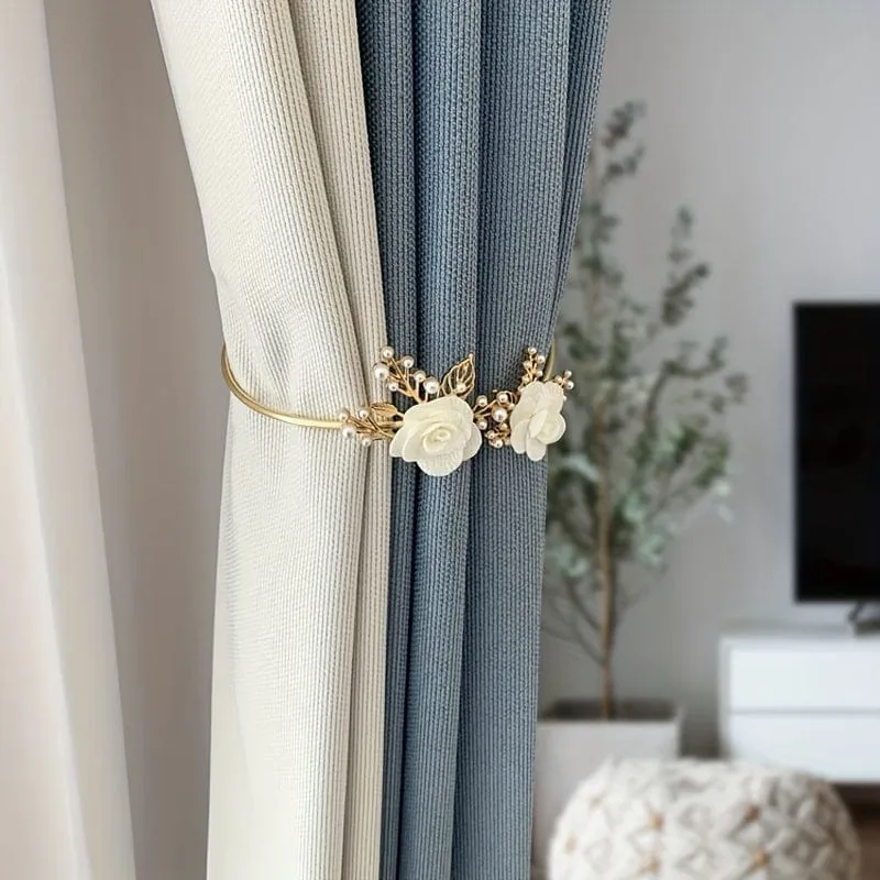 1 Stück eleganter Metall-Vorhanghalter aus Kunstperlen mit dreidimensionalem Blumendesign – perfekt für Schlafzimmer, Büro, Küche, Wohnzimmer und Arbeitszimmer – verleiht Ihrer Inneneinrichtung einen Hauch von Luxus