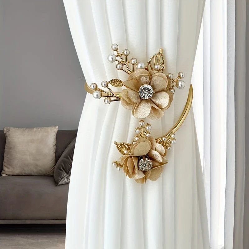 1 Stück eleganter Metall-Vorhanghalter aus Kunstperlen mit dreidimensionalem Blumendesign – perfekt für Schlafzimmer, Büro, Küche, Wohnzimmer und Arbeitszimmer – verleiht Ihrer Inneneinrichtung einen Hauch von Luxus