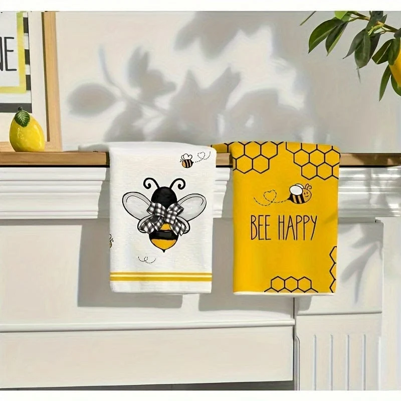 2 Stück, Handtücher, Küchengeschirrtücher mit niedlichem Bienenmuster, Cartoon-Stil, gelbes Wischhandtuch, Küchendekorationshandtuch, Geschenk für Nachbarn, Reinigungsmittel