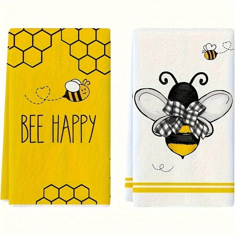 2 Stück, Handtücher, Küchengeschirrtücher mit niedlichem Bienenmuster, Cartoon-Stil, gelbes Wischhandtuch, Küchendekorationshandtuch, Geschenk für Nachbarn, Reinigungsmittel