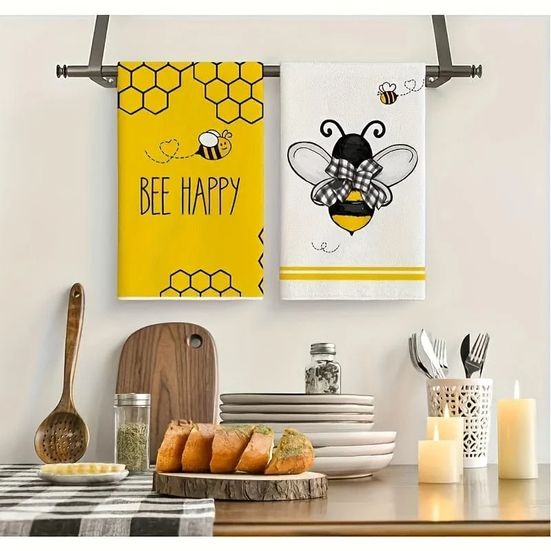 2 Stück, Handtücher, Küchengeschirrtücher mit niedlichem Bienenmuster, Cartoon-Stil, gelbes Wischhandtuch, Küchendekorationshandtuch, Geschenk für Nachbarn, Reinigungsmittel