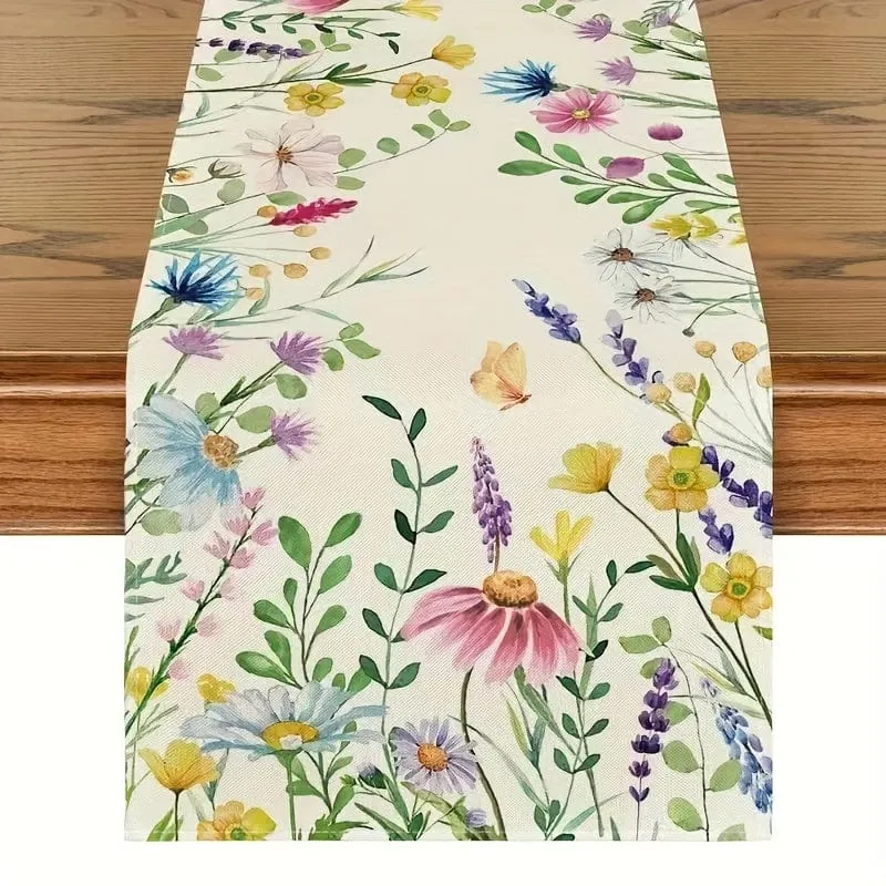 1 Stück, Tischläufer, Tischläufer mit Gänseblümchen-Eukalyptusblättern und Lavendel-Blumenmuster, Frühlingsthema, saisonale Küchen-/Esstischdekoration für den Innenbereich, Partydekor, Frühlingsthema-Dekor