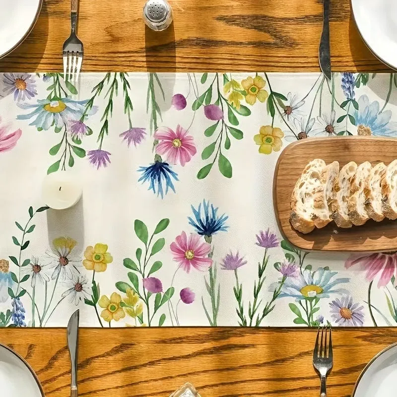 1 Stück, Tischläufer, Tischläufer mit Gänseblümchen-Eukalyptusblättern und Lavendel-Blumenmuster, Frühlingsthema, saisonale Küchen-/Esstischdekoration für den Innenbereich, Partydekor, Frühlingsthema-Dekor