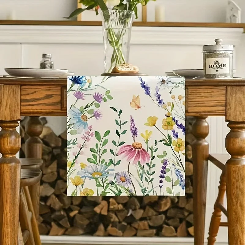 1 Stück, Tischläufer, Tischläufer mit Gänseblümchen-Eukalyptusblättern und Lavendel-Blumenmuster, Frühlingsthema, saisonale Küchen-/Esstischdekoration für den Innenbereich, Partydekor, Frühlingsthema-Dekor