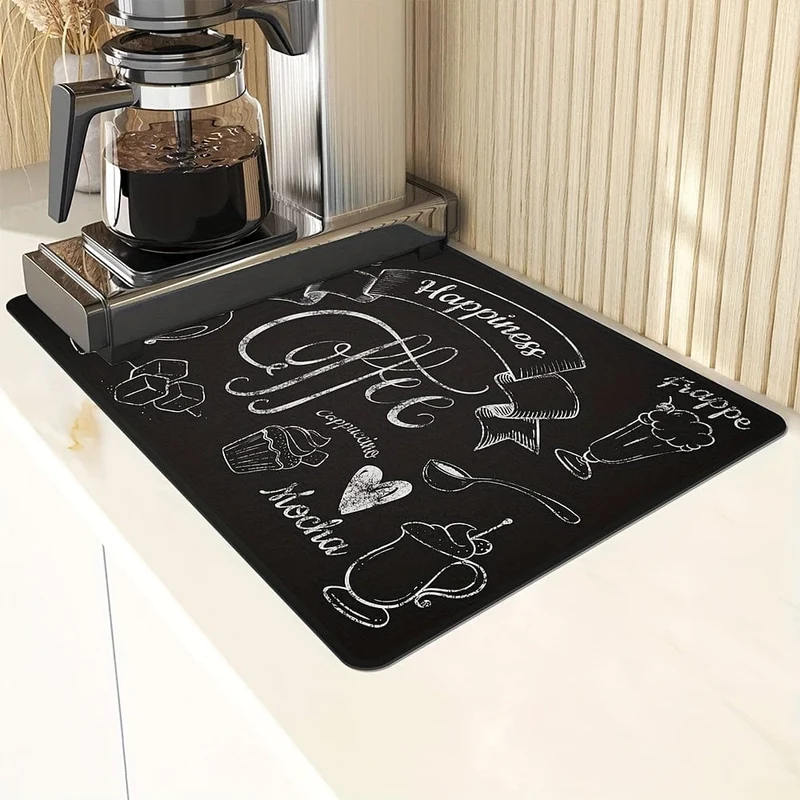 1 Stück Geschirr-Abtropfmatte mit Kaffee-Aufdruck, weiche Gummi-Abtropfunterlage, rutschfeste, superabsorbierende, verschleißfeste Kaffeemaschinenmatte, Tischset für Tischdekorationen auf der Arbeitsplatte, Esszimmer, Terrasse, Heimküchenbedarf