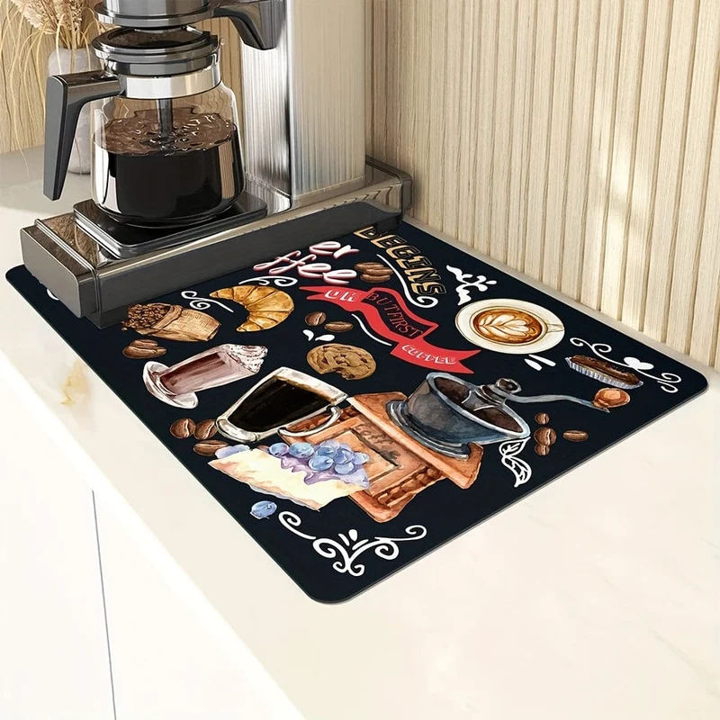 1 Stück Geschirr-Abtropfmatte mit Kaffee-Aufdruck, weiche Gummi-Abtropfunterlage, rutschfeste, superabsorbierende, verschleißfeste Kaffeemaschinenmatte, Tischset für Tischdekorationen auf der Arbeitsplatte, Esszimmer, Terrasse, Heimküchenbedarf