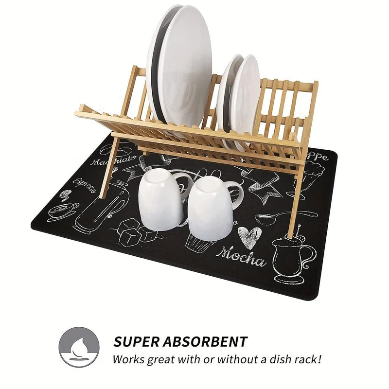 1 Stück Geschirr-Abtropfmatte mit Kaffee-Aufdruck, weiche Gummi-Abtropfunterlage, rutschfeste, superabsorbierende, verschleißfeste Kaffeemaschinenmatte, Tischset für Tischdekorationen auf der Arbeitsplatte, Esszimmer, Terrasse, Heimküchenbedarf