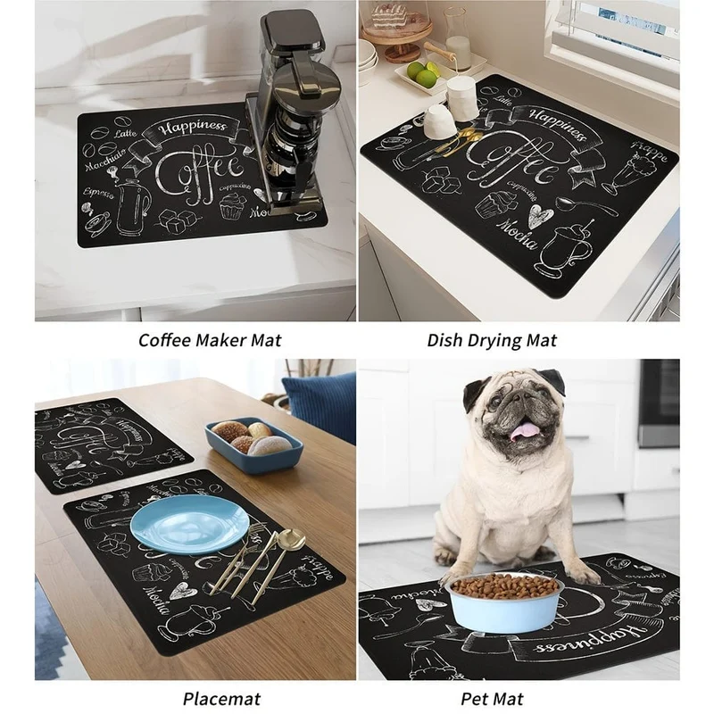 1 Stück Geschirr-Abtropfmatte mit Kaffee-Aufdruck, weiche Gummi-Abtropfunterlage, rutschfeste, superabsorbierende, verschleißfeste Kaffeemaschinenmatte, Tischset für Tischdekorationen auf der Arbeitsplatte, Esszimmer, Terrasse, Heimküchenbedarf