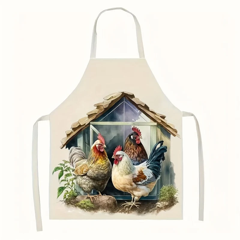 1 Stück, Leinenschürze, Küchenschürze mit Hahnenaufdruck im Cartoon-Stil, verdickte, süße Kochschürze mit Taille, modische Hausarbeitskleidung für die Küche, Küchenbedarf
