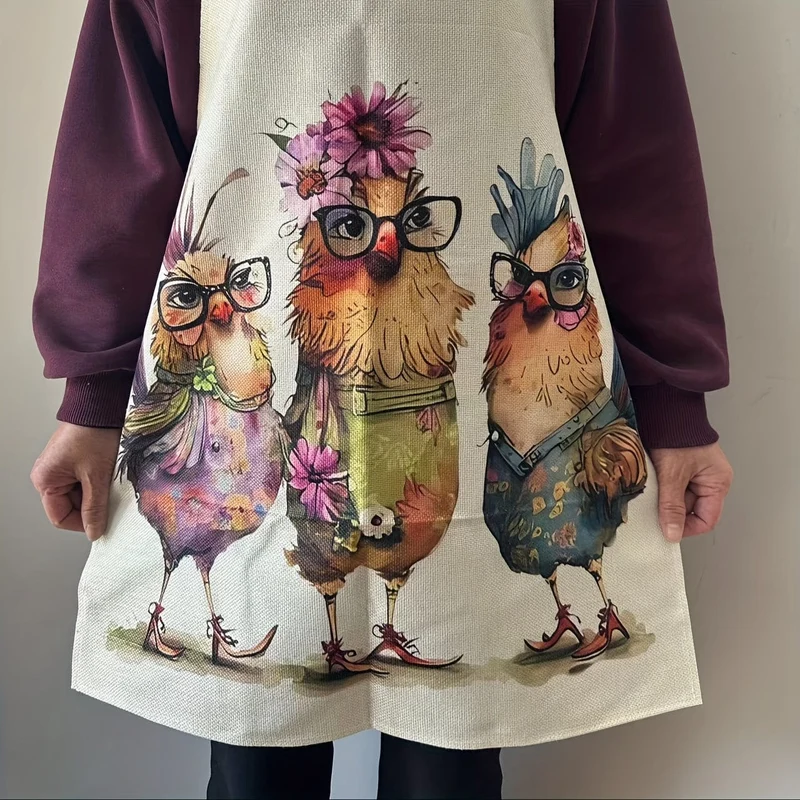 1 Stück, Leinenschürze, Küchenschürze mit Hahnenaufdruck im Cartoon-Stil, verdickte, süße Kochschürze mit Taille, modische Hausarbeitskleidung für die Küche, Küchenbedarf