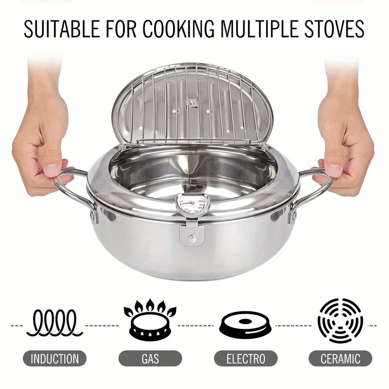 1-teilige Fritteuse, Bratpfanne mit Deckel, Fritteuse aus Edelstahl mit Temperaturregelung und Öltropfenfiltergestell, geeignet für Pommes Frites, Hühnchen und mehr in der Küche, Gasherd, elektromagnetischer Herd, universell einsetzbar, Küchenkochgeschirr