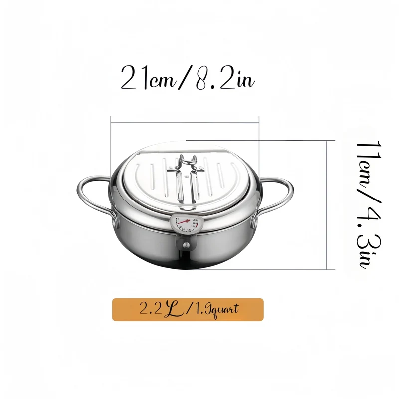 1-teilige Fritteuse, Bratpfanne mit Deckel, Fritteuse aus Edelstahl mit Temperaturregelung und Öltropfenfiltergestell, geeignet für Pommes Frites, Hühnchen und mehr in der Küche, Gasherd, elektromagnetischer Herd, universell einsetzbar, Küchenkochgeschirr