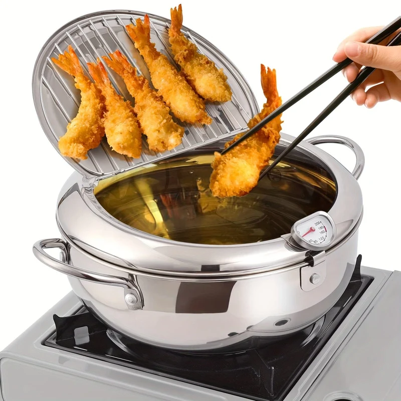 1-teilige Fritteuse, Bratpfanne mit Deckel, Fritteuse aus Edelstahl mit Temperaturregelung und Öltropfenfiltergestell, geeignet für Pommes Frites, Hühnchen und mehr in der Küche, Gasherd, elektromagnetischer Herd, universell einsetzbar, Küchenkochgeschirr