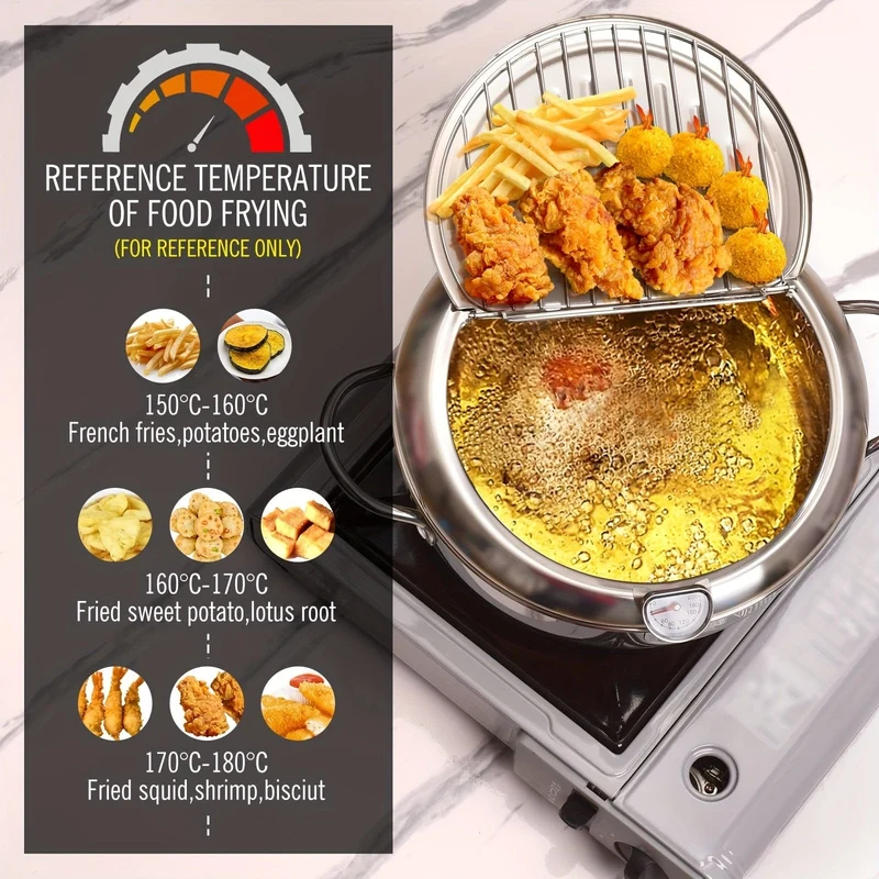 1-teilige Fritteuse, Bratpfanne mit Deckel, Fritteuse aus Edelstahl mit Temperaturregelung und Öltropfenfiltergestell, geeignet für Pommes Frites, Hühnchen und mehr in der Küche, Gasherd, elektromagnetischer Herd, universell einsetzbar, Küchenkochgeschirr