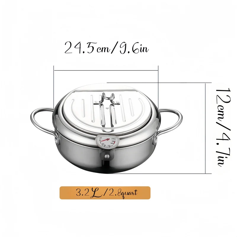 1-teilige Fritteuse, Bratpfanne mit Deckel, Fritteuse aus Edelstahl mit Temperaturregelung und Öltropfenfiltergestell, geeignet für Pommes Frites, Hühnchen und mehr in der Küche, Gasherd, elektromagnetischer Herd, universell einsetzbar, Küchenkochgeschirr