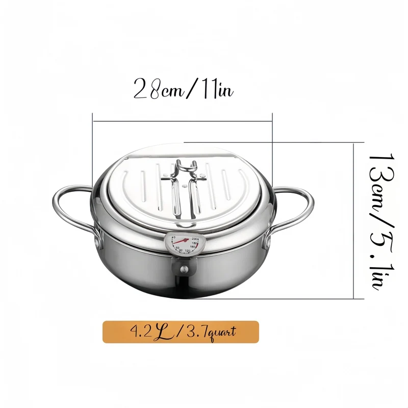 1-teilige Fritteuse, Bratpfanne mit Deckel, Fritteuse aus Edelstahl mit Temperaturregelung und Öltropfenfiltergestell, geeignet für Pommes Frites, Hühnchen und mehr in der Küche, Gasherd, elektromagnetischer Herd, universell einsetzbar, Küchenkochgeschirr