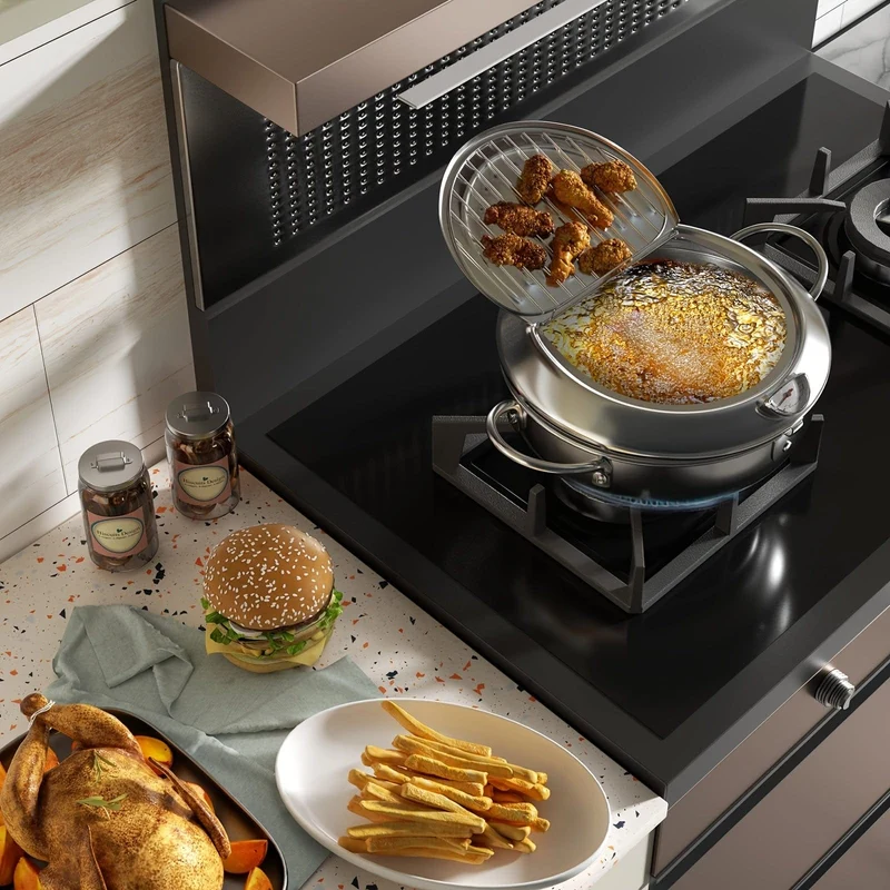 1-teilige Fritteuse, Bratpfanne mit Deckel, Fritteuse aus Edelstahl mit Temperaturregelung und Öltropfenfiltergestell, geeignet für Pommes Frites, Hühnchen und mehr in der Küche, Gasherd, elektromagnetischer Herd, universell einsetzbar, Küchenkochgeschirr