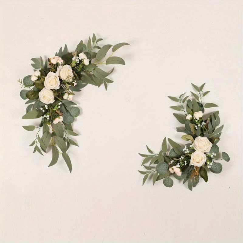 Set, künstliche Blumen, Hochzeits-Willkommenskarten-Dekorationsset, rote und weiße Rose, Vorschlag, Verlobungsfeier, Zeremonie, Blumen, Hochzeit im Freien, Bogen, Blumendekoration, Empfang, Hintergrund der Blumendekoration