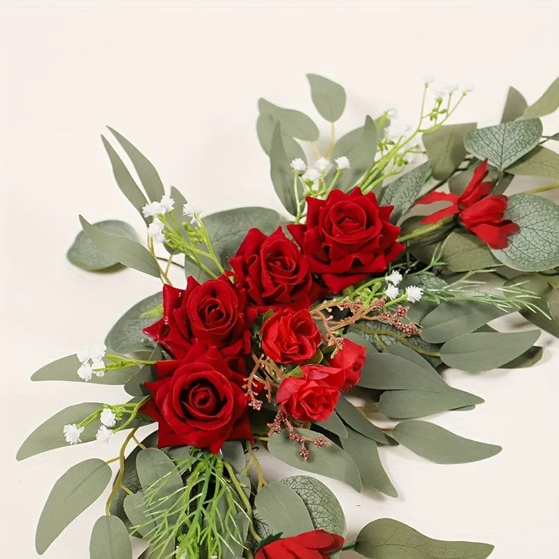 Set, künstliche Blumen, Hochzeits-Willkommenskarten-Dekorationsset, rote und weiße Rose, Vorschlag, Verlobungsfeier, Zeremonie, Blumen, Hochzeit im Freien, Bogen, Blumendekoration, Empfang, Hintergrund der Blumendekoration