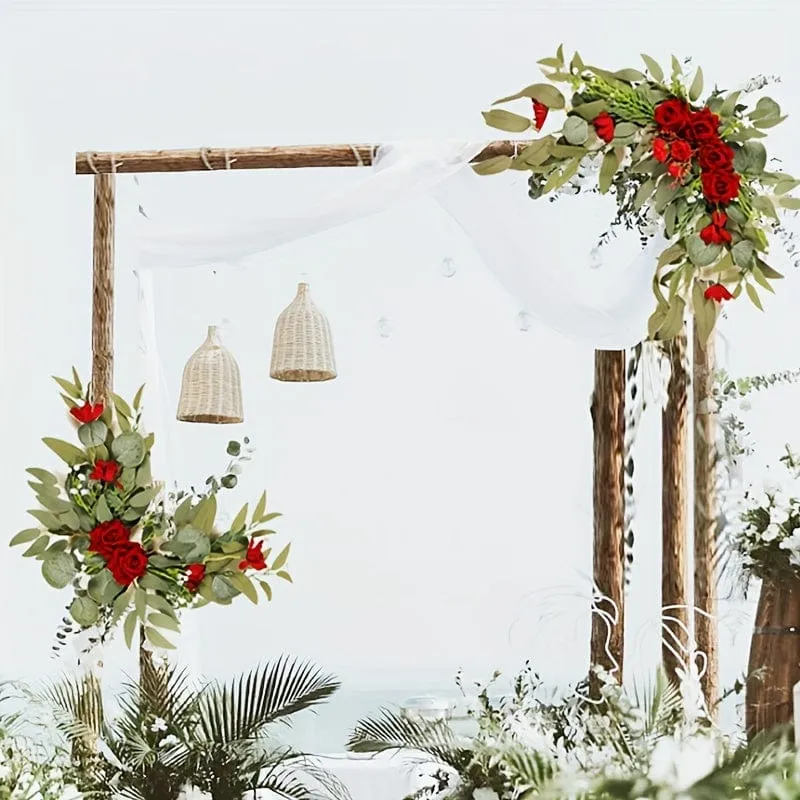 Set, künstliche Blumen, Hochzeits-Willkommenskarten-Dekorationsset, rote und weiße Rose, Vorschlag, Verlobungsfeier, Zeremonie, Blumen, Hochzeit im Freien, Bogen, Blumendekoration, Empfang, Hintergrund der Blumendekoration