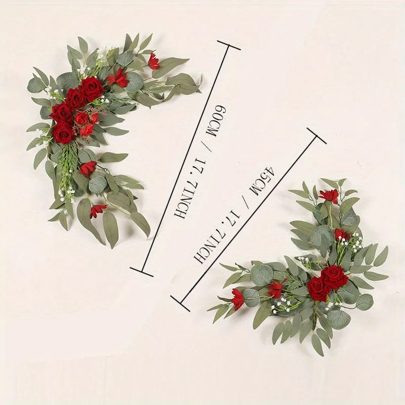 Set, künstliche Blumen, Hochzeits-Willkommenskarten-Dekorationsset, rote und weiße Rose, Vorschlag, Verlobungsfeier, Zeremonie, Blumen, Hochzeit im Freien, Bogen, Blumendekoration, Empfang, Hintergrund der Blumendekoration