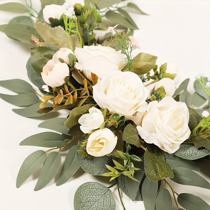 Set, künstliche Blumen, Hochzeits-Willkommenskarten-Dekorationsset, rote und weiße Rose, Vorschlag, Verlobungsfeier, Zeremonie, Blumen, Hochzeit im Freien, Bogen, Blumendekoration, Empfang, Hintergrund der Blumendekoration