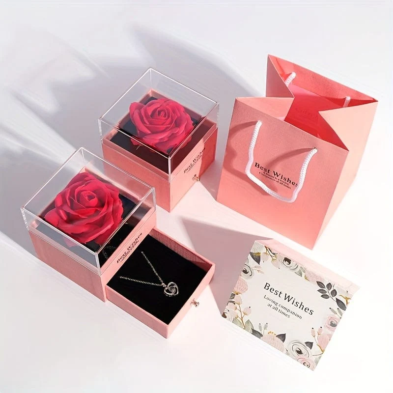 1 Stück künstliche, konservierte echte Rose, rote Blumen, süße Dinge für Freundin, Valentinstagsgeschenk für sie, mit „Ich liebe dich“-Halskette in 100 Sprachen, Geschenkkarte, Geburtstag, Ehefrau, Geschenke für Mama