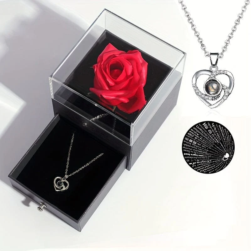 1 Stück künstliche, konservierte echte Rose, rote Blumen, süße Dinge für Freundin, Valentinstagsgeschenk für sie, mit „Ich liebe dich“-Halskette in 100 Sprachen, Geschenkkarte, Geburtstag, Ehefrau, Geschenke für Mama