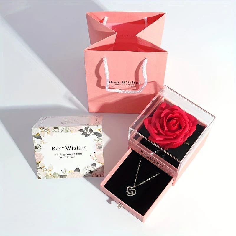1 Stück künstliche, konservierte echte Rose, rote Blumen, süße Dinge für Freundin, Valentinstagsgeschenk für sie, mit „Ich liebe dich“-Halskette in 100 Sprachen, Geschenkkarte, Geburtstag, Ehefrau, Geschenke für Mama