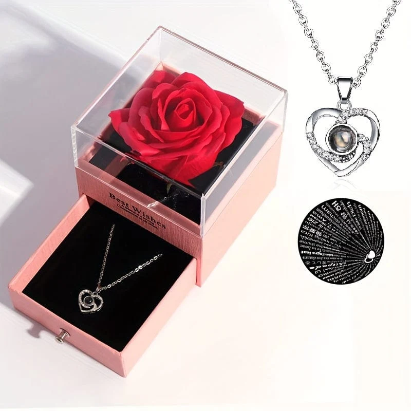 1 Stück künstliche, konservierte echte Rose, rote Blumen, süße Dinge für Freundin, Valentinstagsgeschenk für sie, mit „Ich liebe dich“-Halskette in 100 Sprachen, Geschenkkarte, Geburtstag, Ehefrau, Geschenke für Mama