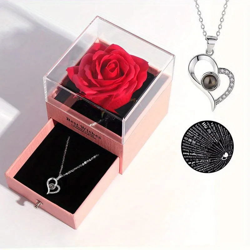 1 Stück künstliche, konservierte echte Rose, rote Blumen, süße Dinge für Freundin, Valentinstagsgeschenk für sie, mit „Ich liebe dich“-Halskette in 100 Sprachen, Geschenkkarte, Geburtstag, Ehefrau, Geschenke für Mama