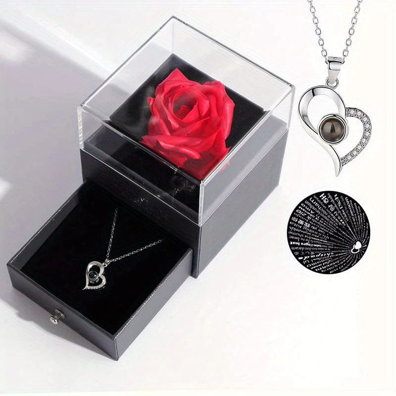 1 Stück künstliche, konservierte echte Rose, rote Blumen, süße Dinge für Freundin, Valentinstagsgeschenk für sie, mit „Ich liebe dich“-Halskette in 100 Sprachen, Geschenkkarte, Geburtstag, Ehefrau, Geschenke für Mama
