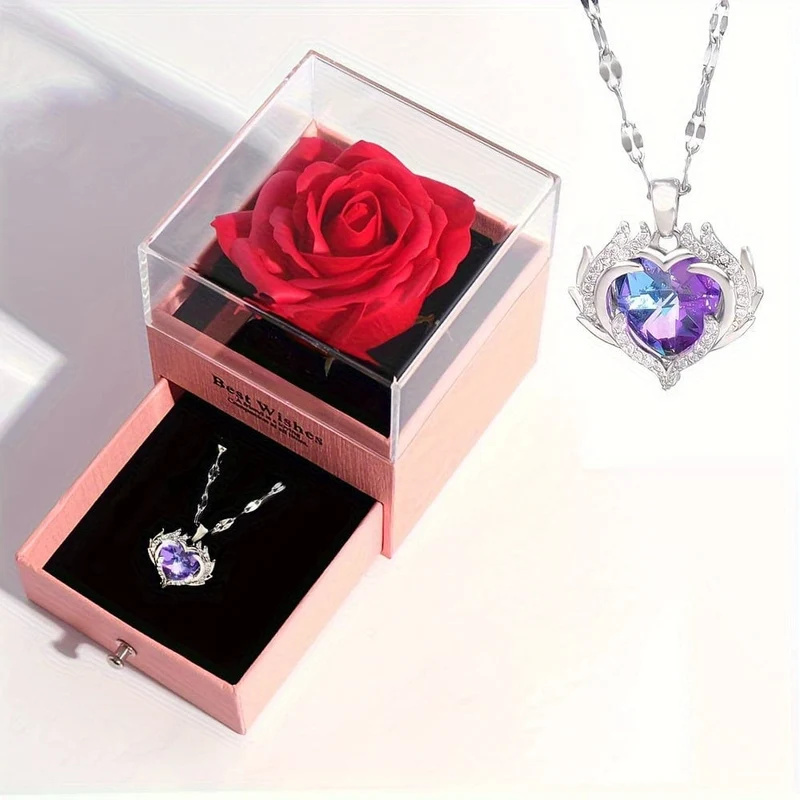1 Stück künstliche, konservierte echte Rose, rote Blumen, süße Dinge für Freundin, Valentinstagsgeschenk für sie, mit „Ich liebe dich“-Halskette in 100 Sprachen, Geschenkkarte, Geburtstag, Ehefrau, Geschenke für Mama