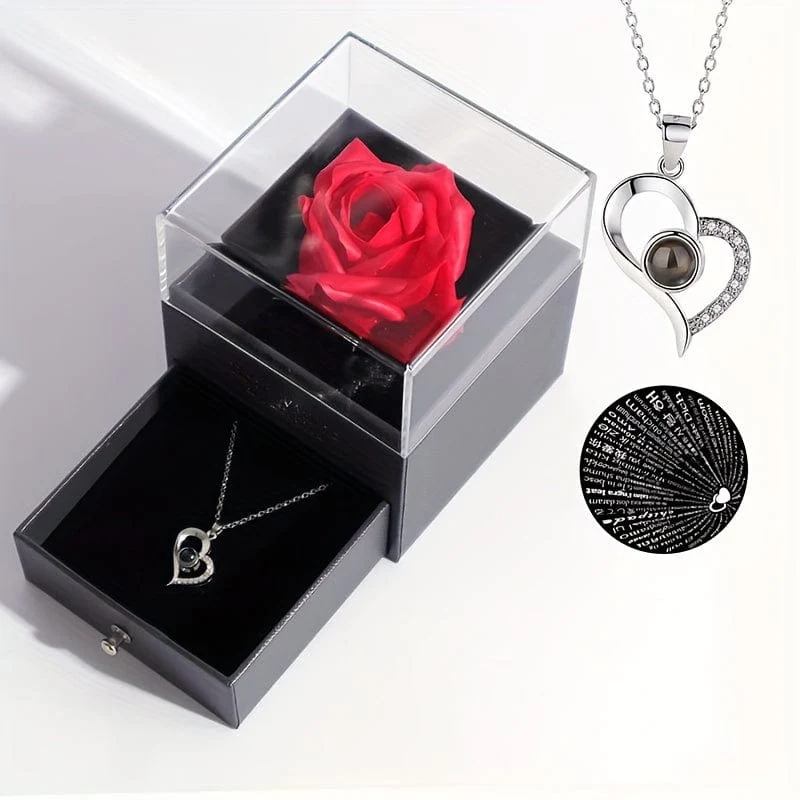 1 Stück künstliche, konservierte echte Rose, rote Blumen, süße Dinge für Freundin, Valentinstagsgeschenk für sie, mit „Ich liebe dich“-Halskette in 100 Sprachen, Geschenkkarte, Geburtstag, Ehefrau, Geschenke für Mama