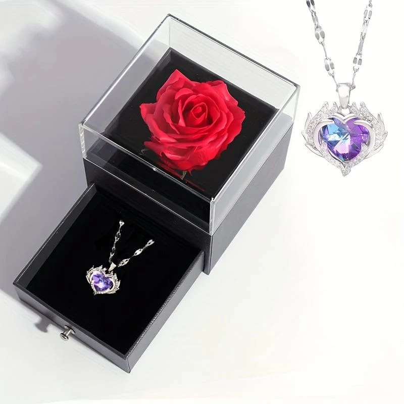 1 Stück künstliche, konservierte echte Rose, rote Blumen, süße Dinge für Freundin, Valentinstagsgeschenk für sie, mit „Ich liebe dich“-Halskette in 100 Sprachen, Geschenkkarte, Geburtstag, Ehefrau, Geschenke für Mama