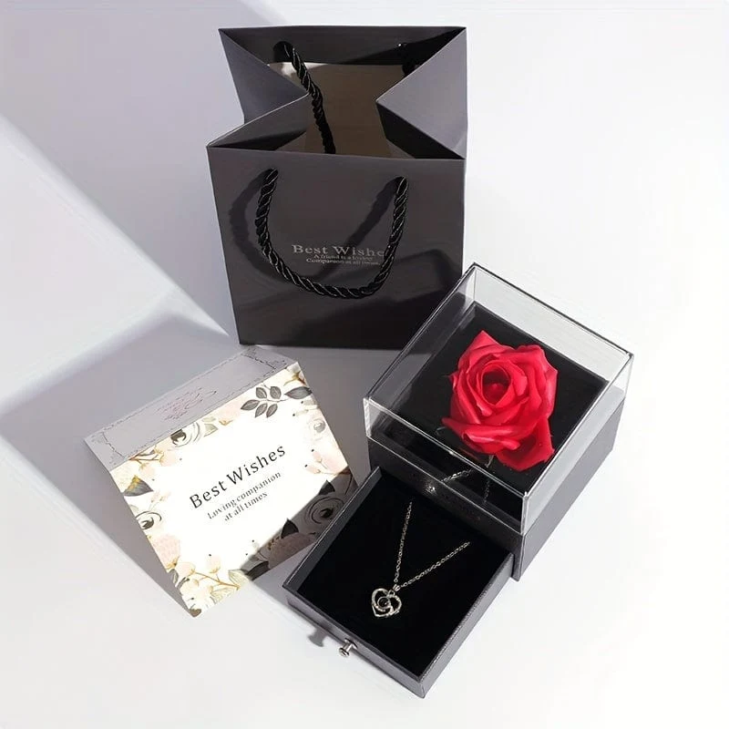 1 Stück künstliche, konservierte echte Rose, rote Blumen, süße Dinge für Freundin, Valentinstagsgeschenk für sie, mit „Ich liebe dich“-Halskette in 100 Sprachen, Geschenkkarte, Geburtstag, Ehefrau, Geschenke für Mama