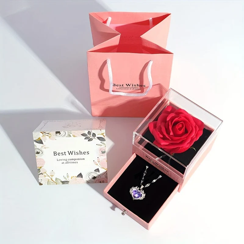 1 Stück künstliche, konservierte echte Rose, rote Blumen, süße Dinge für Freundin, Valentinstagsgeschenk für sie, mit „Ich liebe dich“-Halskette in 100 Sprachen, Geschenkkarte, Geburtstag, Ehefrau, Geschenke für Mama