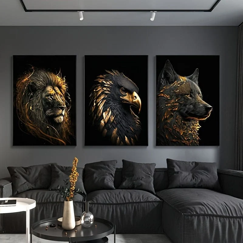 3 Stück ungerahmte Leinwandposter, moderne Kunst, abstrakte Kunstmalerei „Der goldene Löwe und der Adler“, ideales Geschenk für Schlafzimmer, Wohnzimmer, Flur, Wandkunst, Wanddekoration, Winterdekoration, Raumdekoration